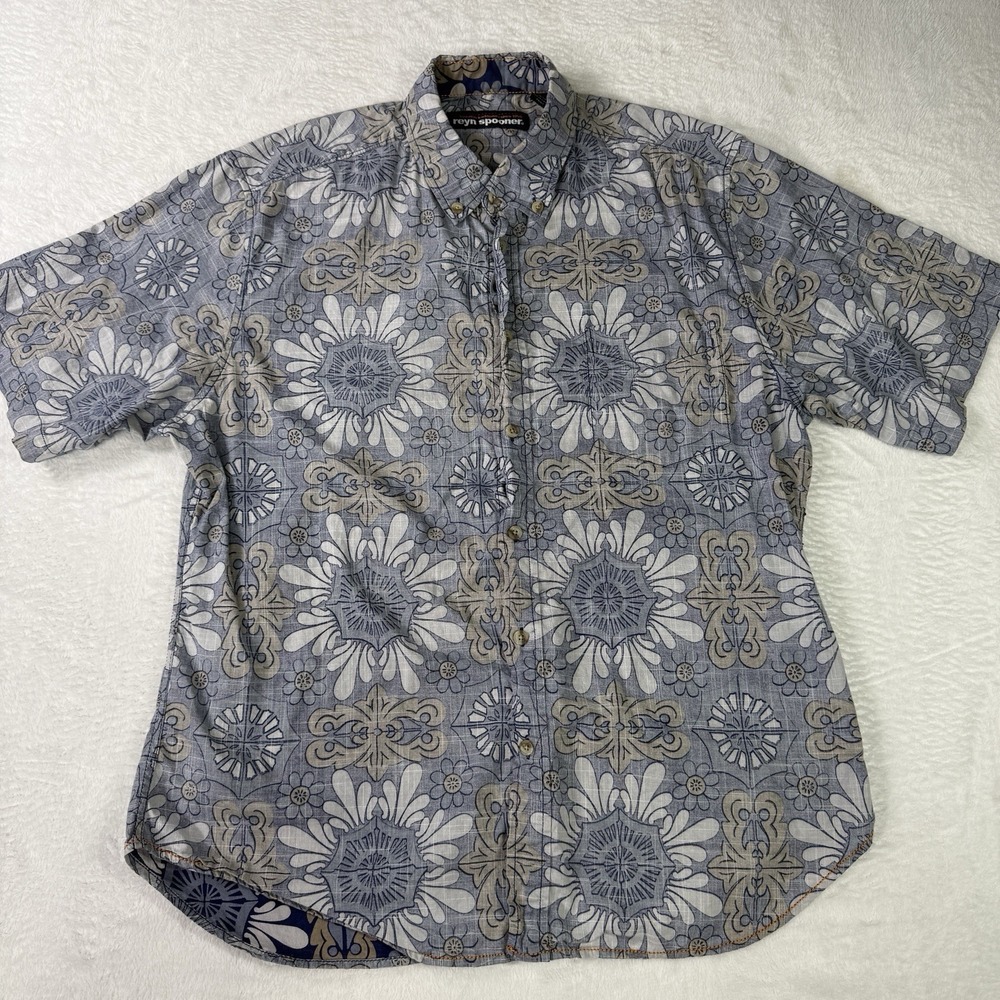 Reyn Spooner Hawaiian Shirt Men Large Blue Button Down Tropical Reverse Print